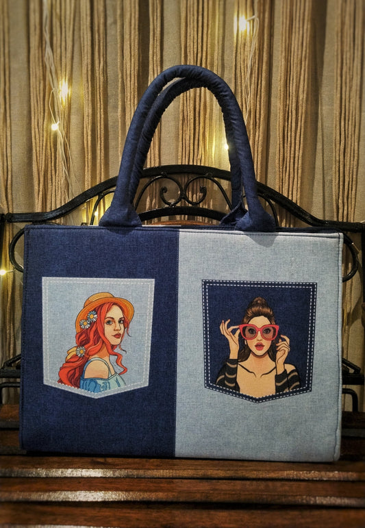 Stylish Dual-Tone Denim Laptop Bag with Pop Art Pockets