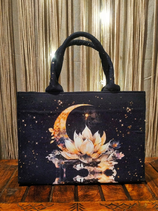 InduPadma Laptop Bag | Crescent Moon & White Lotus Inspired | Sustainable Handcrafted Bag