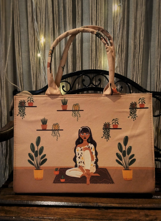 Boho Vibes Girl & Indoor Plants Laptop Bag – Cozy Tan Edition