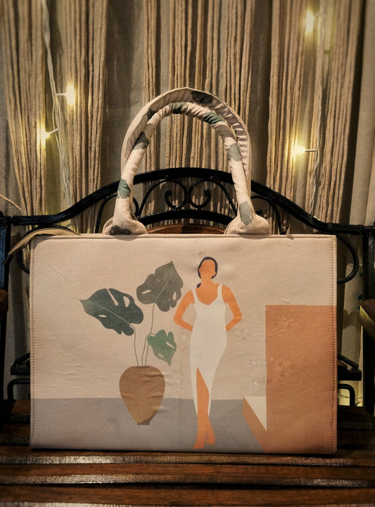 Minimalist Chic Woman & Plant Laptop Bag – Beige Aesthetic Edition
